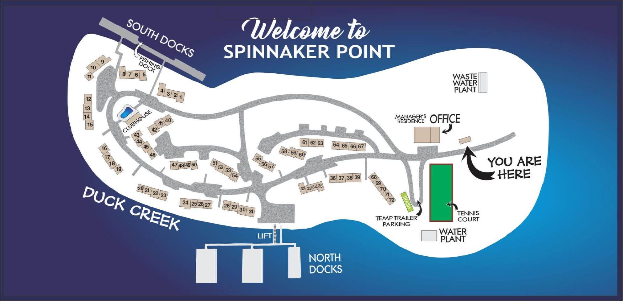 The welcome sign here at Spinnaker Point